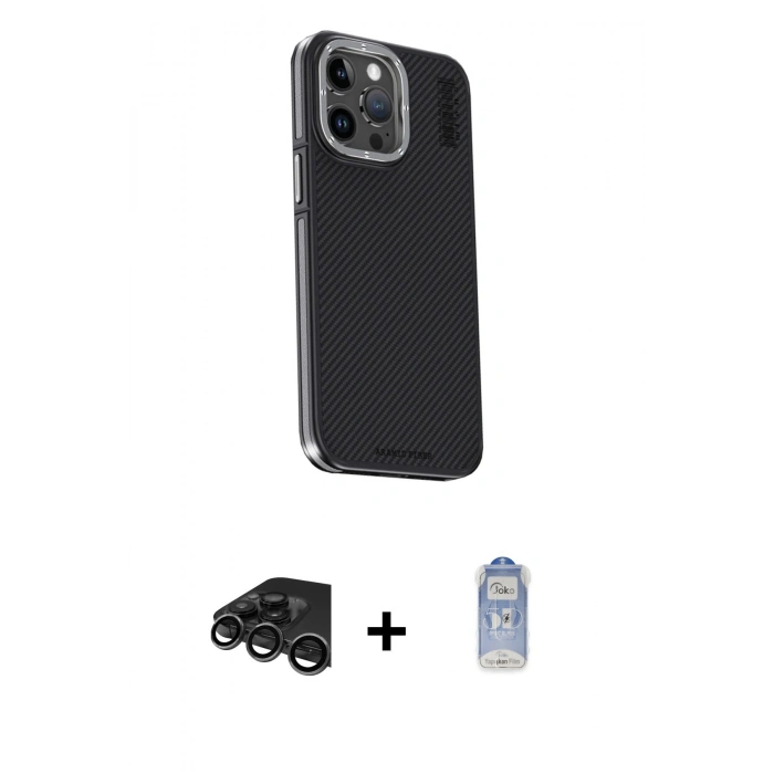 MARSİLYAN™- iPhone 15 Pro Kılıf Kıvılcım Modern Özel Seri - Siyah Joko Magic 5D Cam + Raze Metal Kamera Lens - TMGI