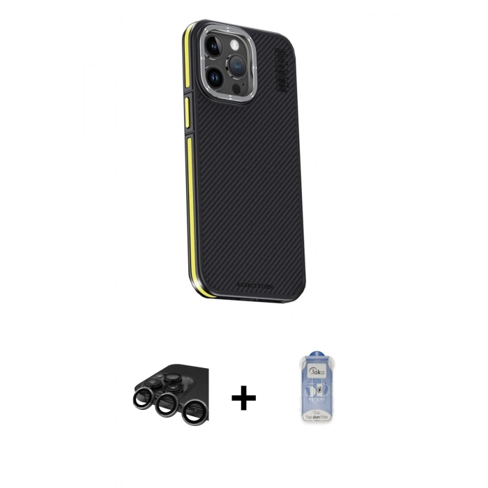 MARSİLYAN™- iPhone 15 Pro Kılıf Kıvılcım Modern Özel Seri - Siyah Joko Magic 5D Cam + Raze Metal Kamera Lens - TMGI