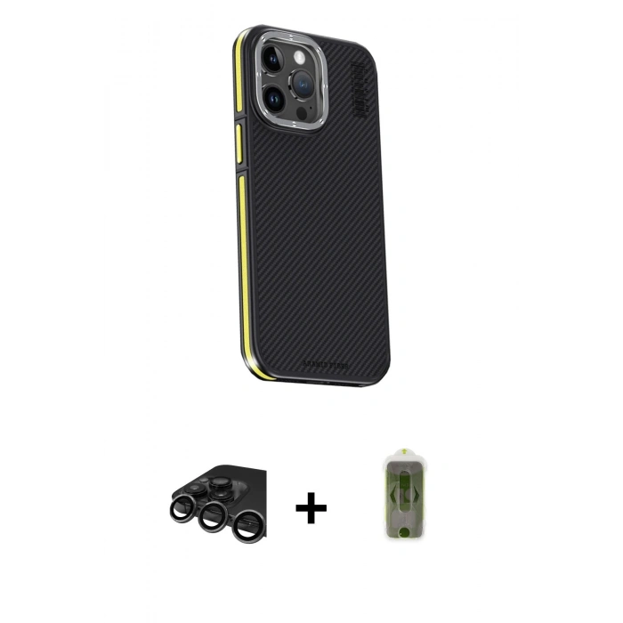 MARSİLYAN™- iPhone 15 Pro Kılıf Kıvılcım Modern Özel Seri - Siyah Joko Magic 5D Hayalet Cam + Raze Metal Kamera Lens - TMGI