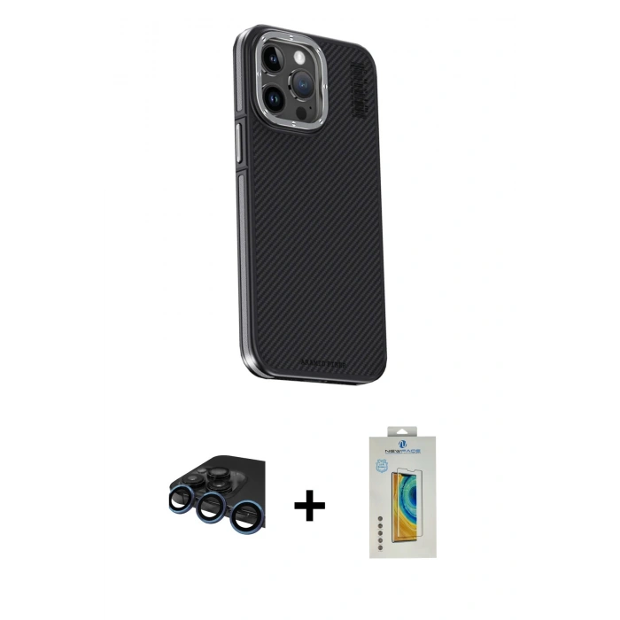 MARSİLYAN™- iPhone 15 Pro Kılıf Kıvılcım Modern Özel Seri - Siyah Polymer Nano Ekran Koruyucu + Lacivert Raze Metal Kamera Lens