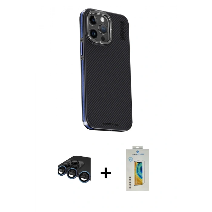 MARSİLYAN™- iPhone 15 Pro Kılıf Kıvılcım Modern Özel Seri - Siyah Polymer Nano Ekran Koruyucu + Lacivert Raze Metal Kamera Lens