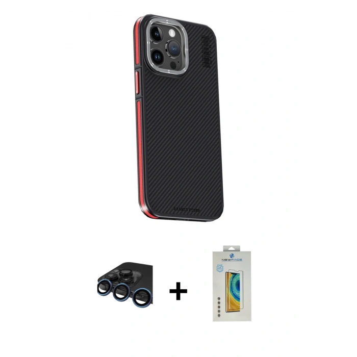 MARSİLYAN™- iPhone 15 Pro Kılıf Kıvılcım Modern Özel Seri - Siyah Polymer Nano Ekran Koruyucu + Lacivert Raze Metal Kamera Lens