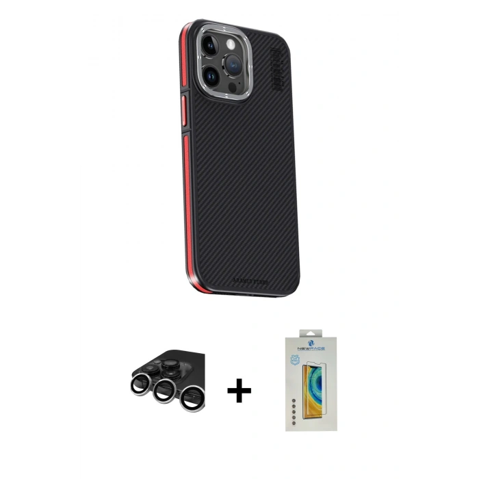 MARSİLYAN™- iPhone 15 Pro Kılıf Kıvılcım Modern Özel Seri - Siyah Polymer Nano Ekran Koruyucu + Raze Metal Kamera Lens - GS
