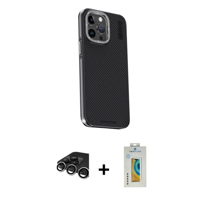 MARSİLYAN™- iPhone 15 Pro Kılıf Kıvılcım Modern Özel Seri - Siyah Polymer Nano Ekran Koruyucu + Raze Metal Kamera Lens - GS
