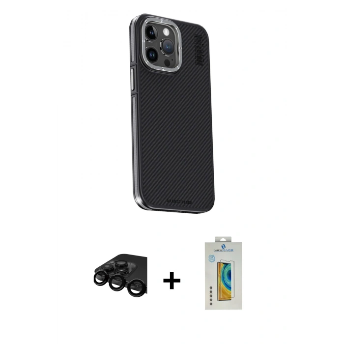 MARSİLYAN™- iPhone 15 Pro Kılıf Kıvılcım Modern Özel Seri - Siyah Polymer Nano Ekran Koruyucu + Raze Metal Kamera Lens - SH