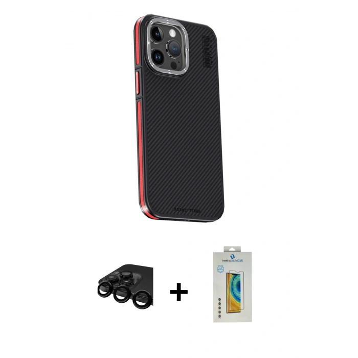 MARSİLYAN™- iPhone 15 Pro Kılıf Kıvılcım Modern Özel Seri - Siyah Polymer Nano Ekran Koruyucu + Raze Metal Kamera Lens - SH
