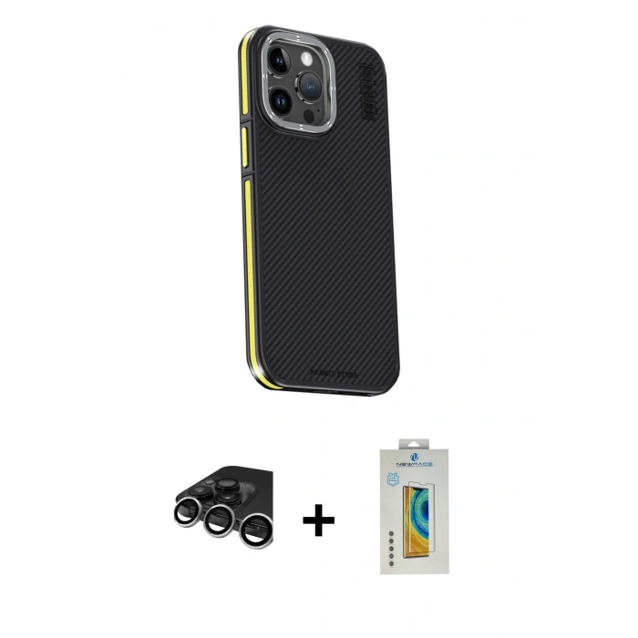 MARSİLYAN™- iPhone 15 Pro Kılıf Kıvılcım Modern Özel Seri - Siyah Polymer Nano Ekran Koruyucu + Raze Metal Kamera Lens - GS