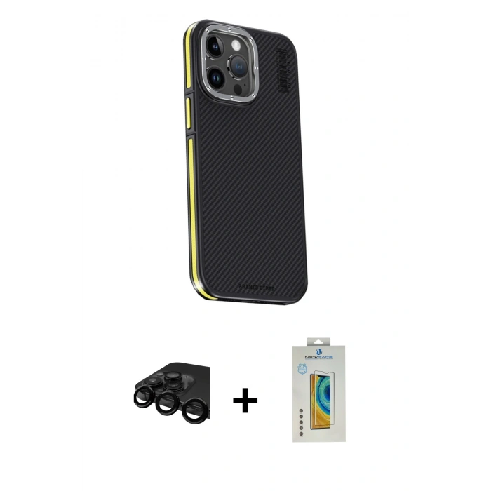 MARSİLYAN™- iPhone 15 Pro Kılıf Kıvılcım Modern Özel Seri - Siyah Polymer Nano Ekran Koruyucu + Raze Metal Kamera Lens - SH