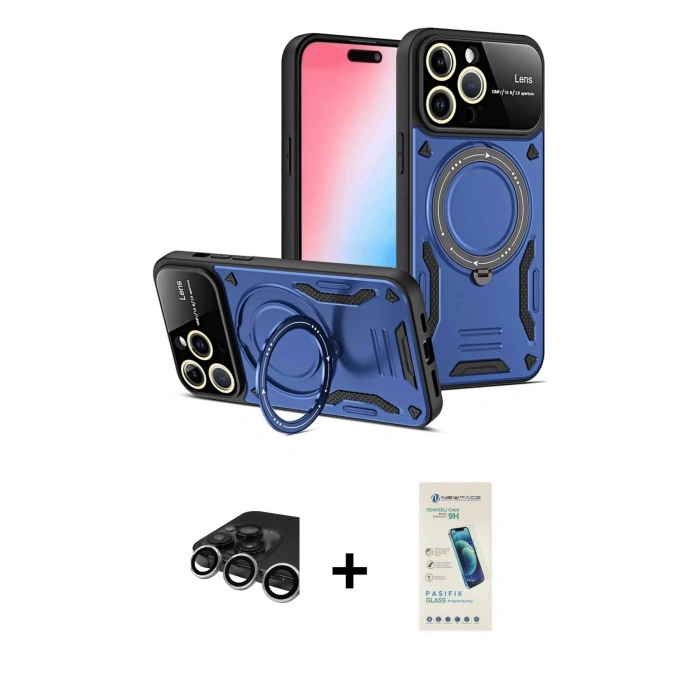 MARSİLYAN™- iPhone 15 Pro Kılıf Kıvılcım Modern Serisi - Şeffaf Pasifik Cam Ekran Koruyucu + Raze Metal Kamera Lens - GS