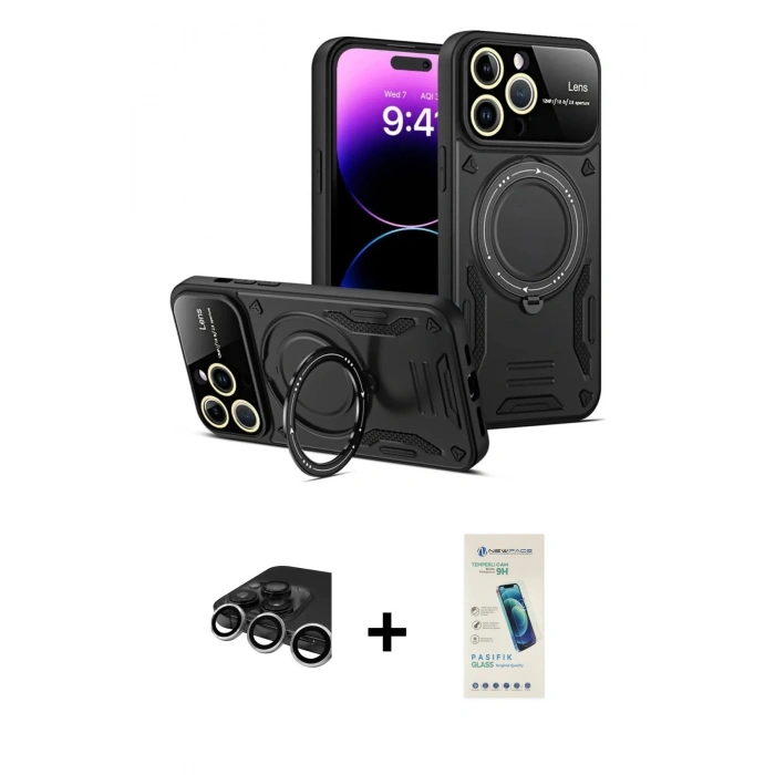MARSİLYAN™- iPhone 15 Pro Kılıf Kıvılcım Modern Serisi - Şeffaf Pasifik Cam Ekran Koruyucu + Raze Metal Kamera Lens - GS