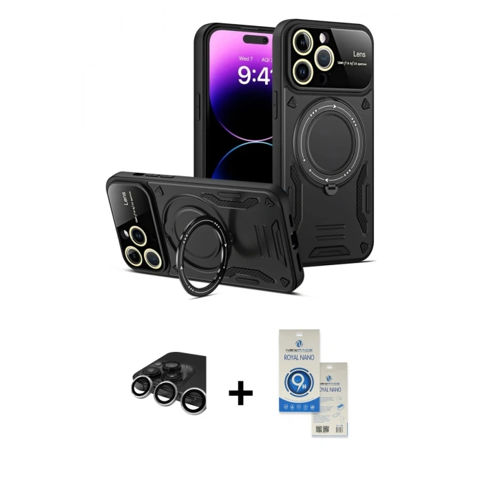 MARSİLYAN™- iPhone 15 Pro Kılıf Kıvılcım Modern Serisi - Şeffaf Royal Nano Ekran Koruyucu + Raze Metal Kamera Lens - GS