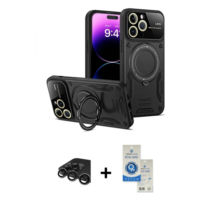 MARSİLYAN™- iPhone 15 Pro Kılıf Kıvılcım Modern Serisi - Şeffaf Royal Nano Ekran Koruyucu + Raze Metal Kamera Lens - TMGI