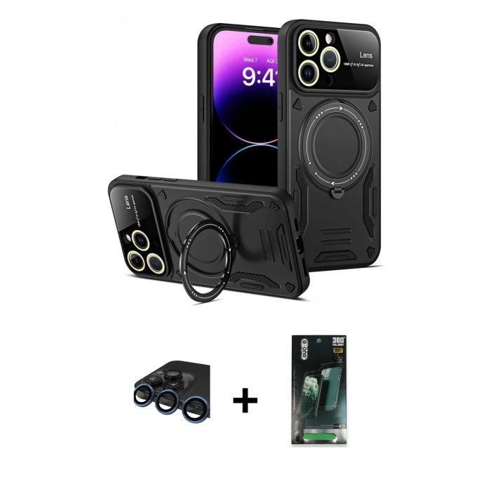MARSİLYAN™- iPhone 15 Pro Kılıf Kıvılcım Modern Serisi - Siyah 360 Mat Full Body Arka Koruyucu + Raze Metal Kamera Lens - LT