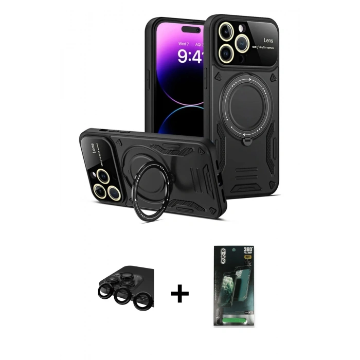 MARSİLYAN™- iPhone 15 Pro Kılıf Kıvılcım Modern Serisi - Siyah 360 Mat Full Body Arka Koruyucu + Raze Metal Kamera Lens - SH