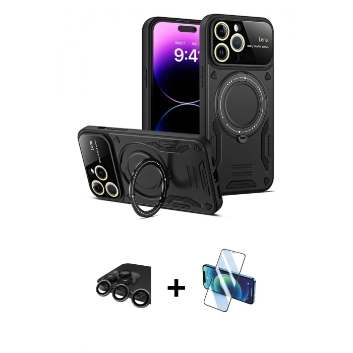 MARSİLYAN™- iPhone 15 Pro Kılıf Kıvılcım Modern Serisi - Siyah 3D Antistatik Cam Ekran Koruyucu + Raze Metal Kamera Lens - TMGI