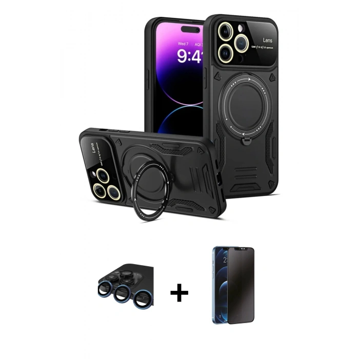 MARSİLYAN™- iPhone 15 Pro Kılıf Kıvılcım Modern Serisi - Siyah 3D Antistatik Hayalet Cam Ekran Koruyucu + Raze Metal Kamera Lens - LT