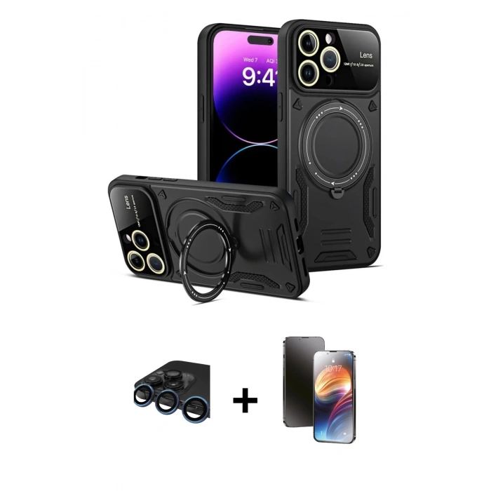 MARSİLYAN™- iPhone 15 Pro Kılıf Kıvılcım Modern Serisi - Siyah 3D Antistatik Mat Seramik Nano Ekran Koruyucu + Raze Metal Kamera Lens - LT