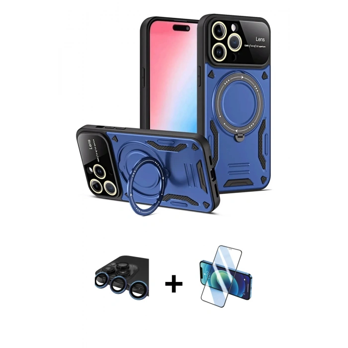 MARSİLYAN™- iPhone 15 Pro Kılıf Kıvılcım Modern Serisi - Siyah 3D Antistatik Seramik Nano Ekran Koruyucu + Lacivert Raze Metal Kamera Lens