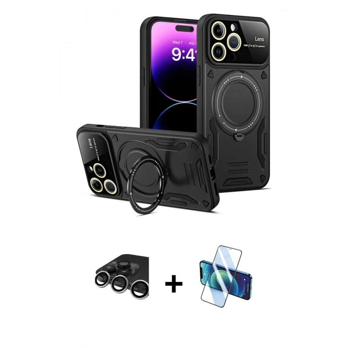 MARSİLYAN™- iPhone 15 Pro Kılıf Kıvılcım Modern Serisi - Siyah 3D Antistatik Seramik Nano Ekran Koruyucu + Raze Metal Kamera Lens - GS