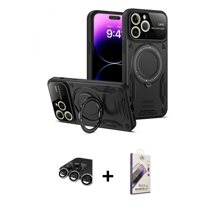 MARSİLYAN™- iPhone 15 Pro Kılıf Kıvılcım Modern Serisi - Siyah Bilvis 3D Mat Cam Ekran Koruyucu + Raze Metal Kamera Lens - GS