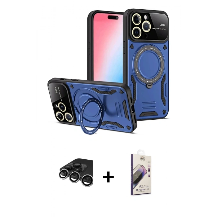MARSİLYAN™- iPhone 15 Pro Kılıf Kıvılcım Modern Serisi - Siyah Bilvis 3D Mat Cam Ekran Koruyucu + Raze Metal Kamera Lens - GS