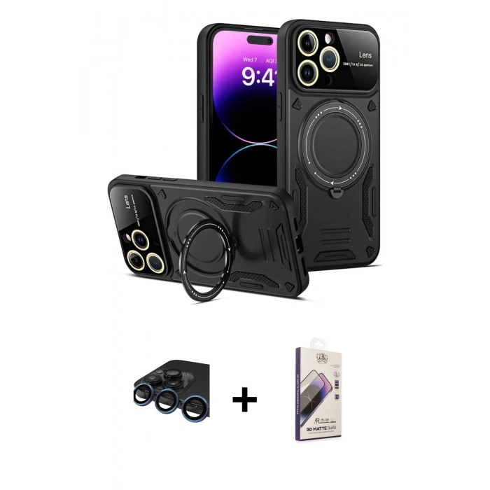MARSİLYAN™- iPhone 15 Pro Kılıf Kıvılcım Modern Serisi - Siyah Bilvis 3D Mat Cam Ekran Koruyucu + Raze Metal Kamera Lens - LT