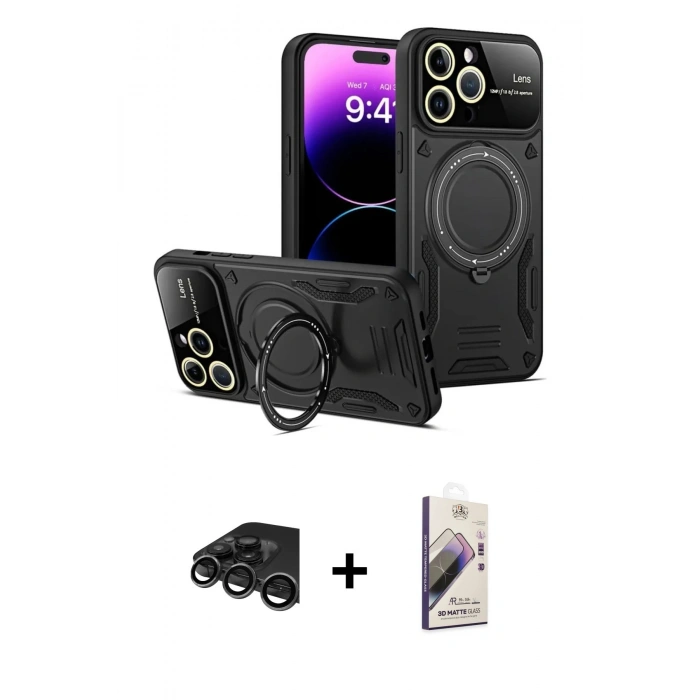MARSİLYAN™- iPhone 15 Pro Kılıf Kıvılcım Modern Serisi - Siyah Bilvis 3D Mat Cam Ekran Koruyucu + Raze Metal Kamera Lens - TMGI