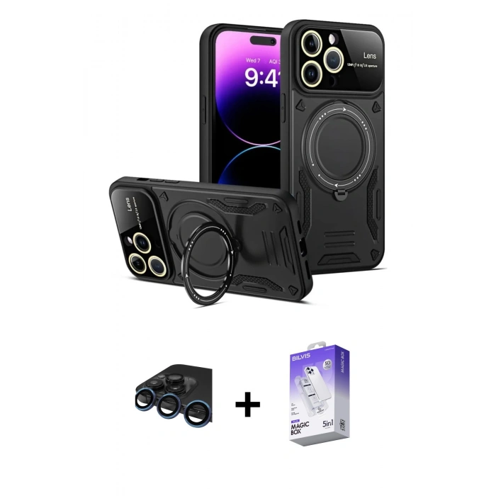 MARSİLYAN™- iPhone 15 Pro Kılıf Kıvılcım Modern Serisi - Siyah Bilvis 5in1 3D Magic Cam Ekran Koruyucu + Raze Metal Kamera Lens - LT
