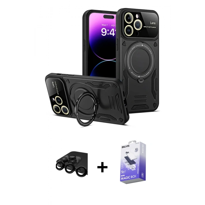 MARSİLYAN™- iPhone 15 Pro Kılıf Kıvılcım Modern Serisi - Siyah Bilvis 5in1 5D Magic Hayalet Cam Ekran Koruyucu + Siyah Raze Metal Kamera Lens