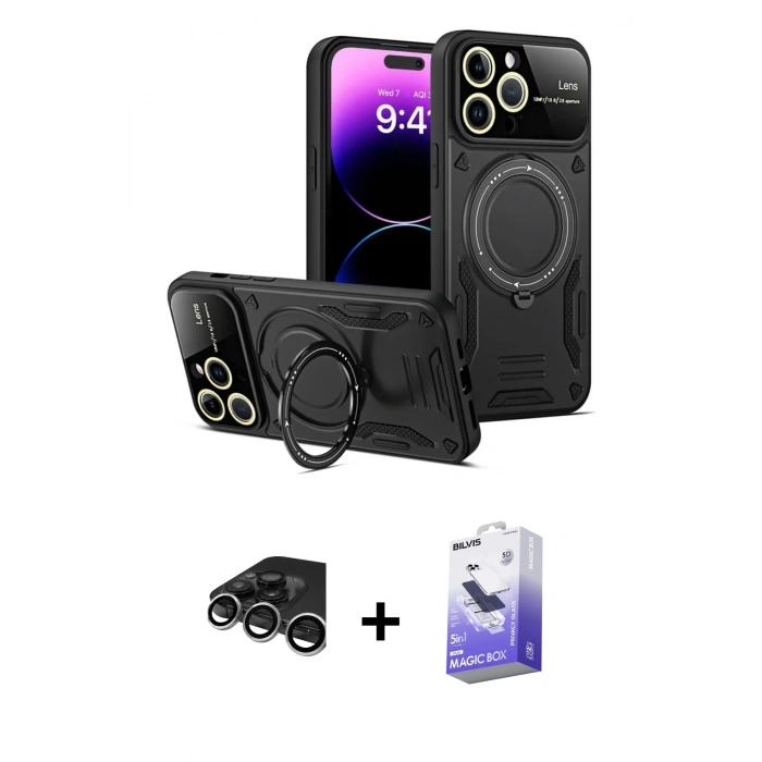 MARSİLYAN™- iPhone 15 Pro Kılıf Kıvılcım Modern Serisi - Siyah Bilvis 5in1 5D Magic Hayalet Cam Ekran Koruyucu + Raze Metal Kamera Lens - GS