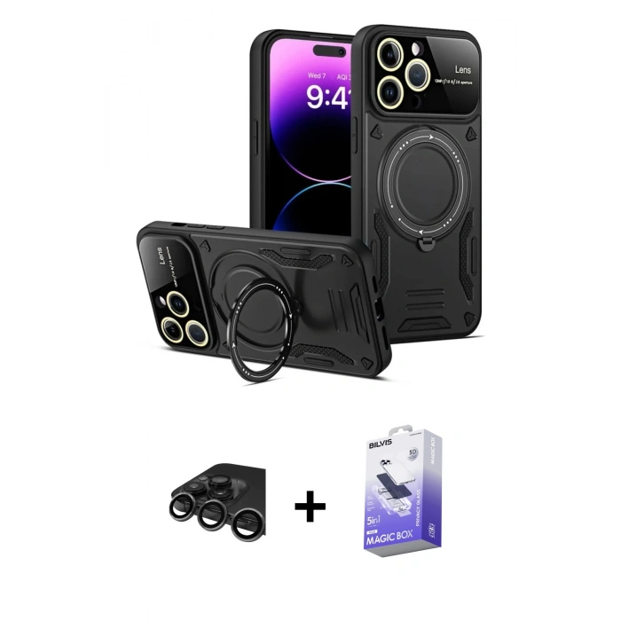 MARSİLYAN™- iPhone 15 Pro Kılıf Kıvılcım Modern Serisi - Siyah Bilvis 5in1 5D Magic Hayalet Cam Ekran Koruyucu + Raze Metal Kamera Lens - TMGI