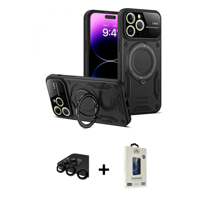MARSİLYAN™- iPhone 15 Pro Kılıf Kıvılcım Modern Serisi - Siyah Bilvis Hayalet Cam Ekran Koruyucu + Raze Metal Kamera Lens - SH
