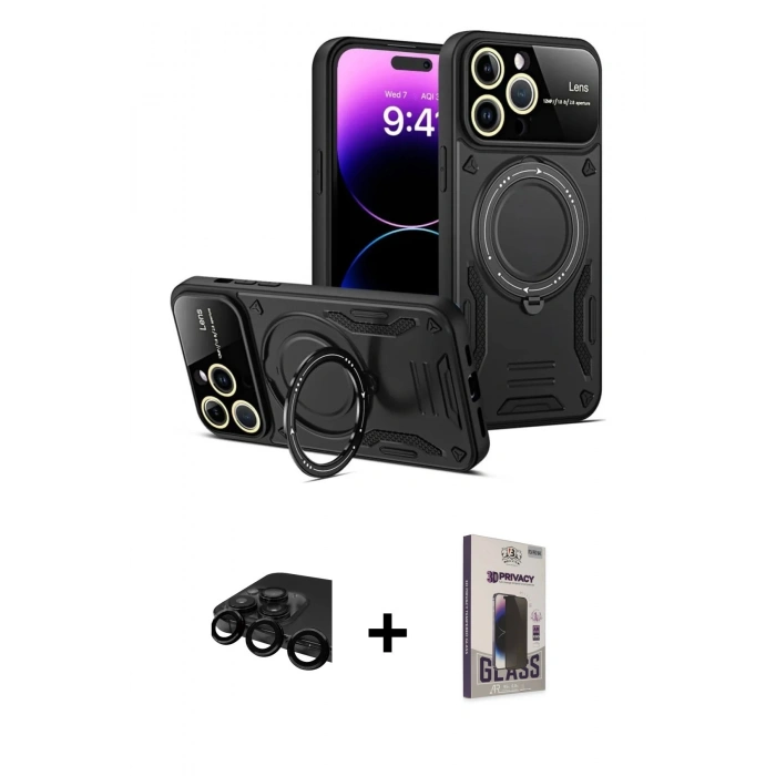 MARSİLYAN™- iPhone 15 Pro Kılıf Kıvılcım Modern Serisi - Siyah Bilvis Hayalet Cam Ekran Koruyucu + Raze Metal Kamera Lens - SH