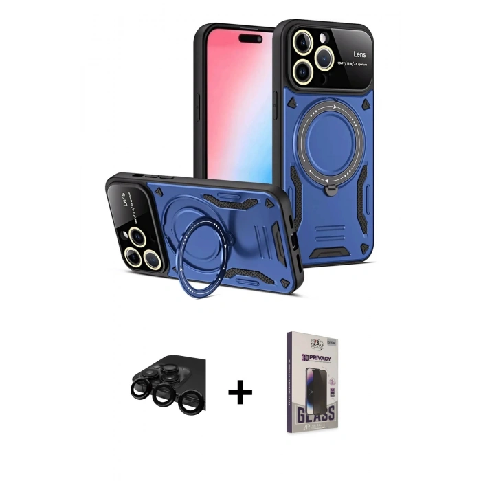 MARSİLYAN™- iPhone 15 Pro Kılıf Kıvılcım Modern Serisi - Siyah Bilvis Hayalet Cam Ekran Koruyucu + Raze Metal Kamera Lens - SH
