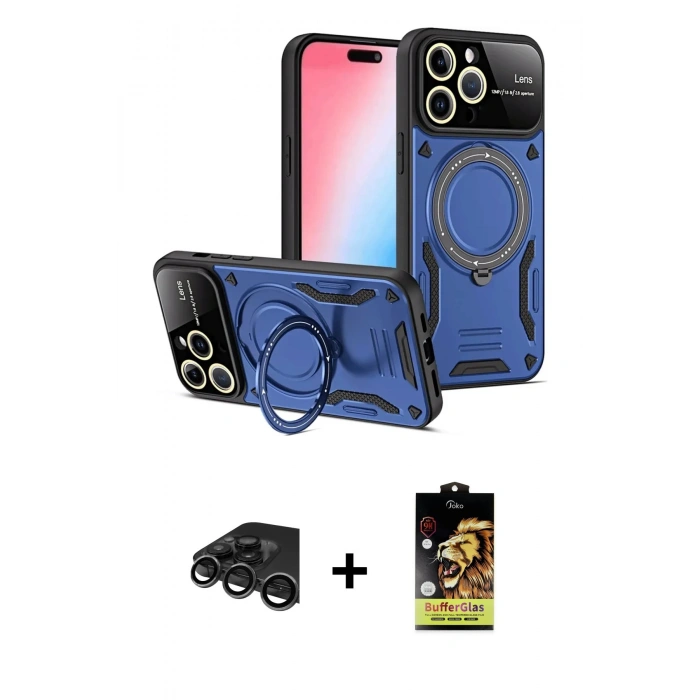 MARSİLYAN™- iPhone 15 Pro Kılıf Kıvılcım Modern Serisi - Siyah Buffer Cam Ekran Koruyucu + Raze Metal Kamera Lens - TMGI