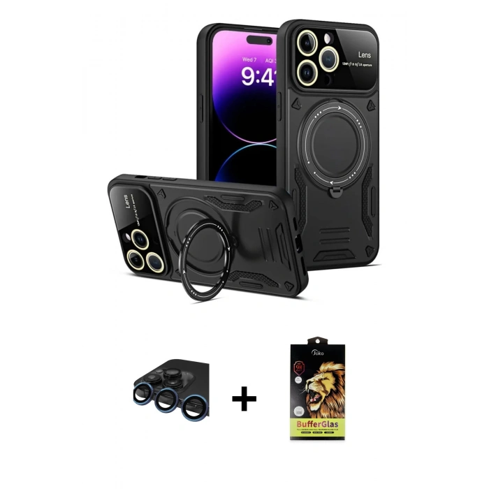 MARSİLYAN™- iPhone 15 Pro Kılıf Kıvılcım Modern Serisi - Siyah Buffer Cam Ekran Koruyucu + Raze Metal Kamera Lens - LT