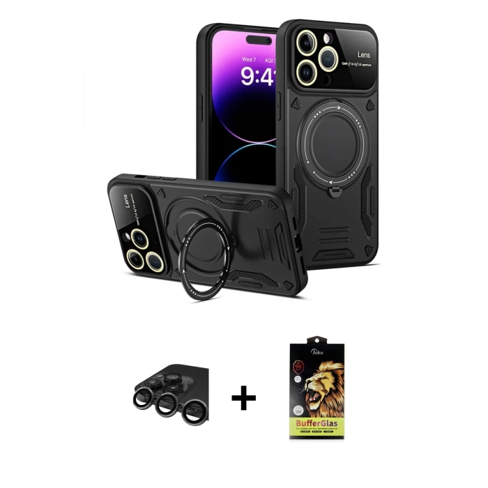 MARSİLYAN™- iPhone 15 Pro Kılıf Kıvılcım Modern Serisi - Siyah Buffer Cam Ekran Koruyucu + Raze Metal Kamera Lens - TMGI