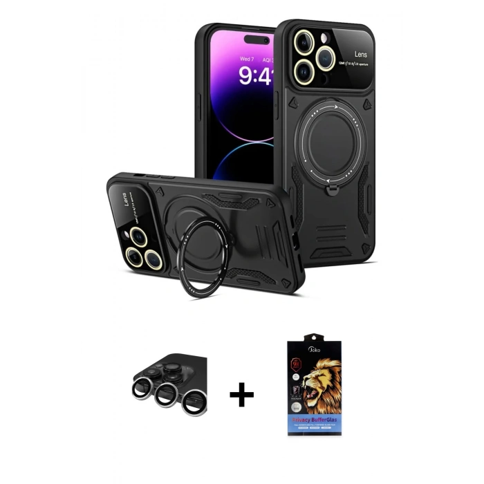 MARSİLYAN™- iPhone 15 Pro Kılıf Kıvılcım Modern Serisi - Siyah Buffer Hayalet Cam Ekran Koruyucu + Raze Metal Kamera Lens - GS
