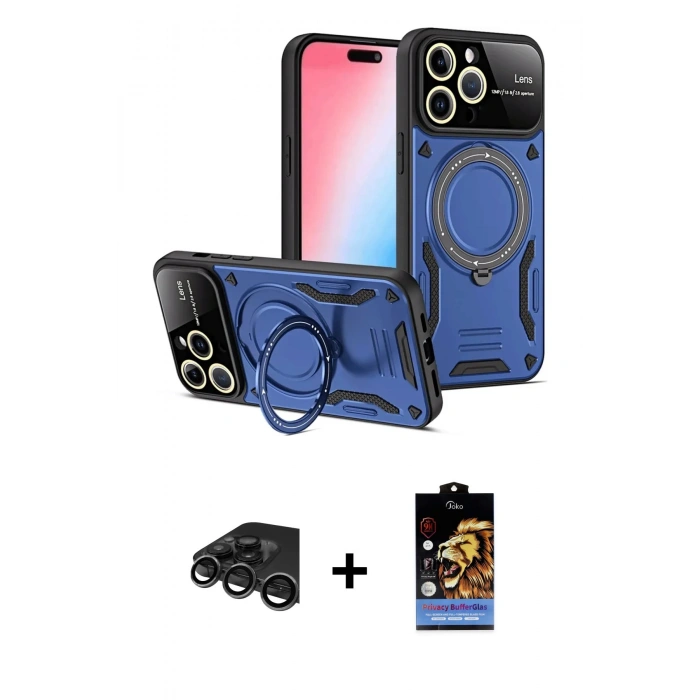MARSİLYAN™- iPhone 15 Pro Kılıf Kıvılcım Modern Serisi - Siyah Buffer Hayalet Cam Ekran Koruyucu + Raze Metal Kamera Lens - TMGI