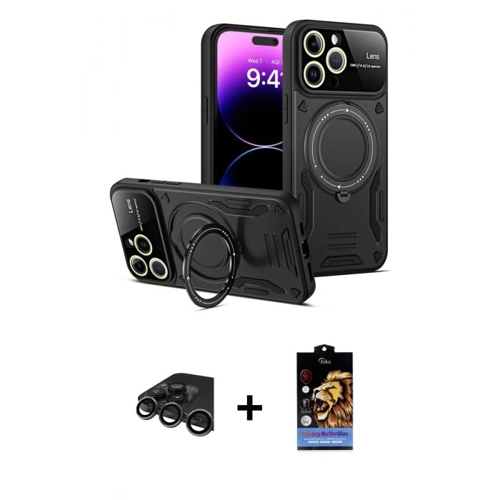 MARSİLYAN™- iPhone 15 Pro Kılıf Kıvılcım Modern Serisi - Siyah Buffer Hayalet Cam Ekran Koruyucu + Raze Metal Kamera Lens - TMGI
