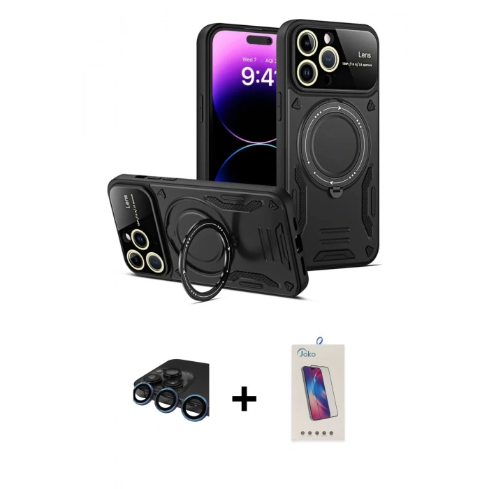 MARSİLYAN™- iPhone 15 Pro Kılıf Kıvılcım Modern Serisi - Siyah Joko 5D Cam + Raze Metal Kamera Lens - LT
