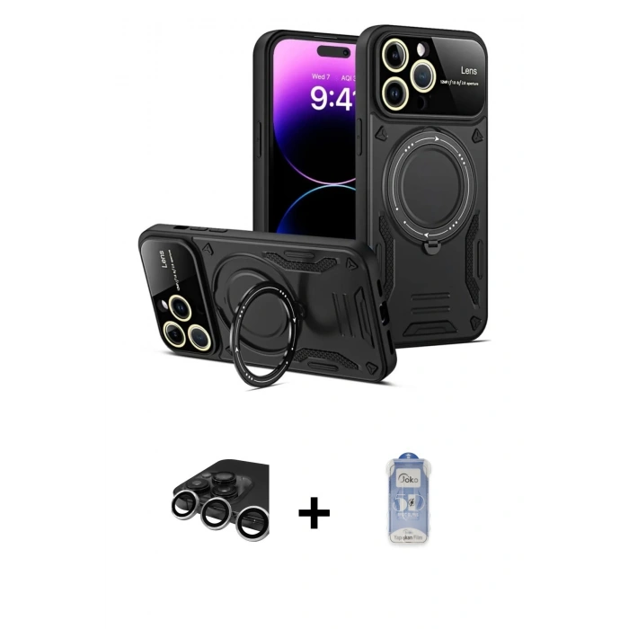 MARSİLYAN™- iPhone 15 Pro Kılıf Kıvılcım Modern Serisi - Siyah Joko Magic 5D Cam + Raze Metal Kamera Lens - GS