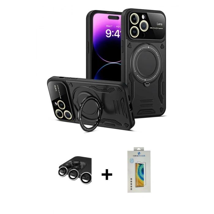 MARSİLYAN™- iPhone 15 Pro Kılıf Kıvılcım Modern Serisi - Siyah Polymer Nano Ekran Koruyucu + Raze Metal Kamera Lens - GS
