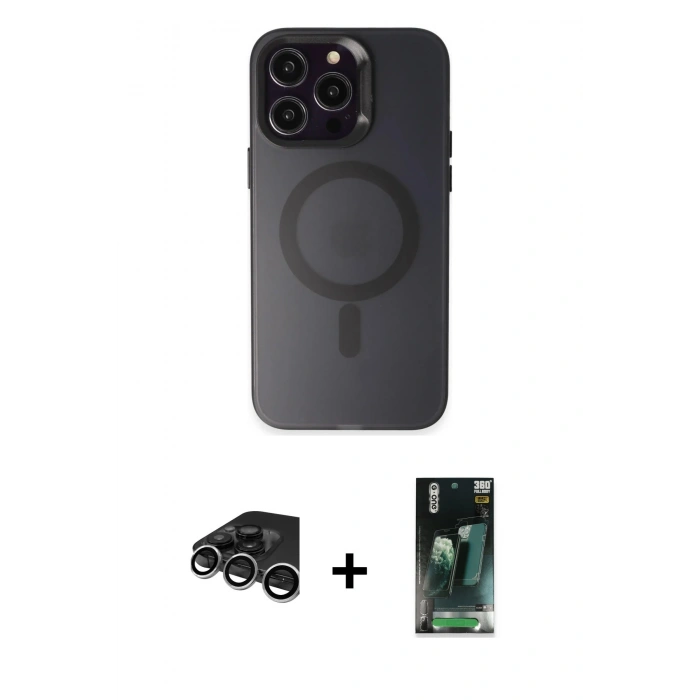 MARSİLYAN™- iPhone 15 Pro Kılıf Kozmos Çizgi Prime - Siyah 360 Mat Full Body Arka Koruyucu + Raze Metal Kamera Lens - GS