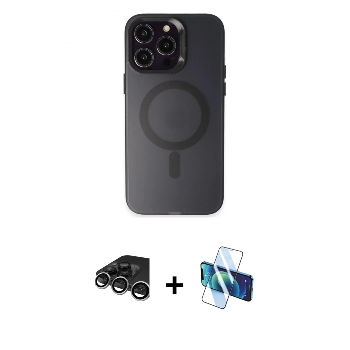 MARSİLYAN™- iPhone 15 Pro Kılıf Kozmos Çizgi Prime - Siyah 3D Antistatik Cam Ekran Koruyucu + Raze Metal Kamera Lens - GS