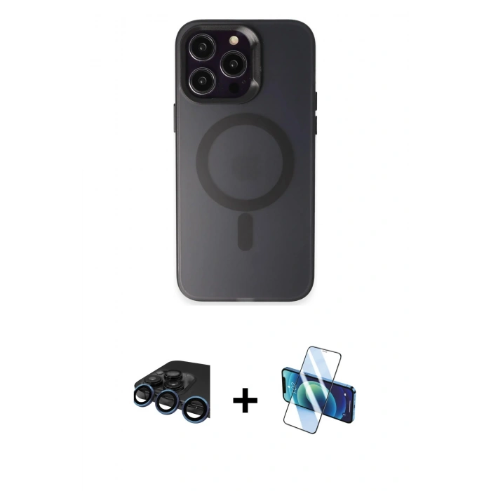 MARSİLYAN™- iPhone 15 Pro Kılıf Kozmos Çizgi Prime - Siyah 3D Antistatik Cam Ekran Koruyucu + Raze Metal Kamera Lens - LT
