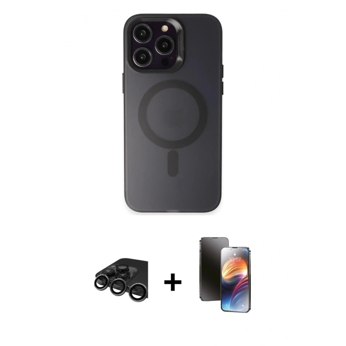 MARSİLYAN™- iPhone 15 Pro Kılıf Kozmos Çizgi Prime - Siyah 3D Antistatik Mat Seramik Nano Ekran Koruyucu + Raze Metal Kamera Lens - TMGI