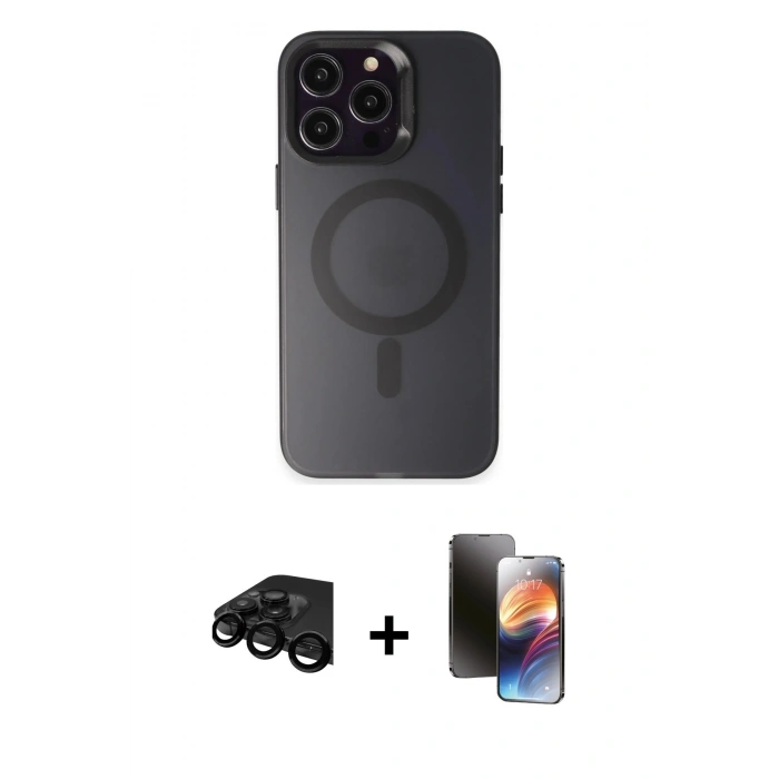 MARSİLYAN™- iPhone 15 Pro Kılıf Kozmos Çizgi Prime - Siyah 3D Antistatik Mat Seramik Nano Ekran Koruyucu + Raze Metal Kamera Lens - SH