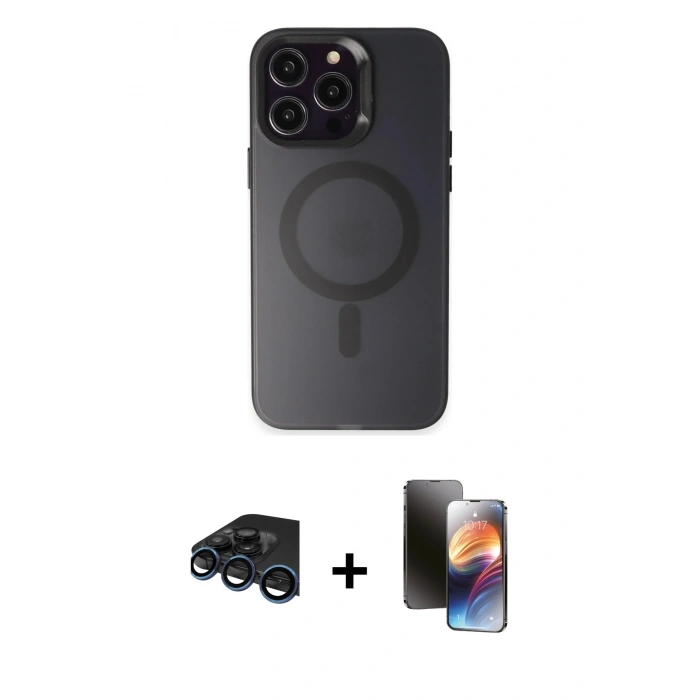 MARSİLYAN™- iPhone 15 Pro Kılıf Kozmos Çizgi Prime - Siyah 3D Antistatik Mat Seramik Nano Ekran Koruyucu + Raze Metal Kamera Lens - LT