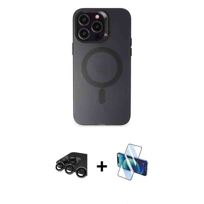 MARSİLYAN™- iPhone 15 Pro Kılıf Kozmos Çizgi Prime - Siyah 3D Antistatik Seramik Nano Ekran Koruyucu + Raze Metal Kamera Lens - TMGI